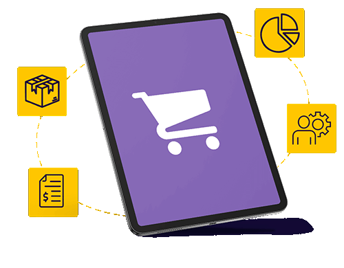 Sistema ERP completo e integrado para e-commerce multiempresa da Alternativa Sistemas, visualizado em um tablet com ícone de carrinho de compras central. Ícones conectados ao redor representam a gestão de estoque, análise de vendas, operações e faturamento, ilustrando a centralização e otimização de todas as funcionalidades de gestão.