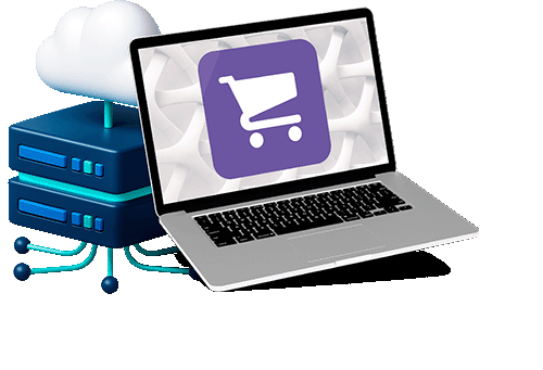 Um laptop exibindo um ícone de carrinho de compras, conectado a uma nuvem branca e unidades de servidor empilhadas, representando a integração de e-commerce e cloud computing nas soluções da Alternativa Sistemas.