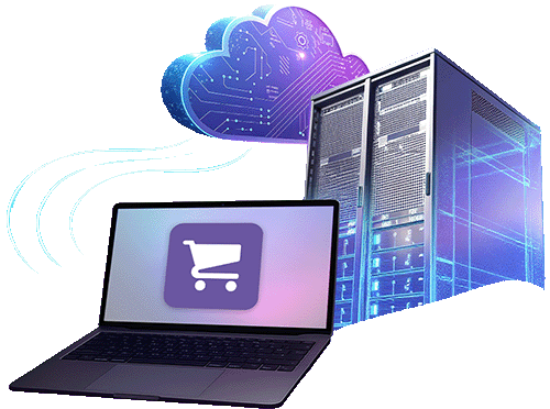 Sistema de gestão ERP para e-commerce com laptop exibindo carrinho de compras, conectado a uma nuvem de dados e servidores, representando a robustez e integração de soluções multiempresa.