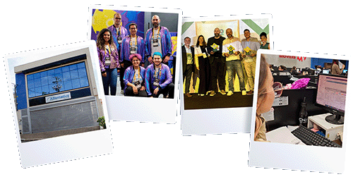 Colagem de quatro fotos estilo Polaroid mostrando: um edifício comercial moderno com a placa 'Alternativa', uma equipe sorridente em jaquetas azuis, um grupo de pessoas recebendo prêmios em um palco, e um palestrante apresentando em um fórum de e-commerce para uma audiência.