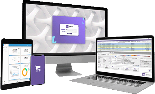 Conjunto de dispositivos eletrônicos – monitor, laptop, tablet e smartphone – exibindo as diversas interfaces do sistema de gestão Master da Alternativa Sistemas. O monitor mostra a tela de login, o laptop uma interface de gerenciamento detalhada, o tablet um painel com gráficos e o smartphone um aplicativo com ícone de carrinho, ilustrando a versatilidade e integração multiplataforma da solução ERP para e-commerce.
