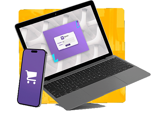 Notebook cinza exibindo a tela de login roxa do sistema 'Master ERP', com ícone de carrinho de compras e campos de usuário/senha, ao lado de um smartphone roxo com um grande ícone de carrinho. A imagem ilustra a integração e acessibilidade das soluções ERP da Alternativa Sistemas para e-commerce multiempresa, disponíveis para gestão tanto em desktop quanto em dispositivos móveis.