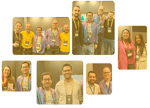 Colagem de fotos de grupos de pessoas sorridentes em um evento, com membros da equipe Alternativa Sistemas usando uniformes, simbolizando a colaboração, o atendimento humano e o engajamento da empresa no setor de e-commerce.