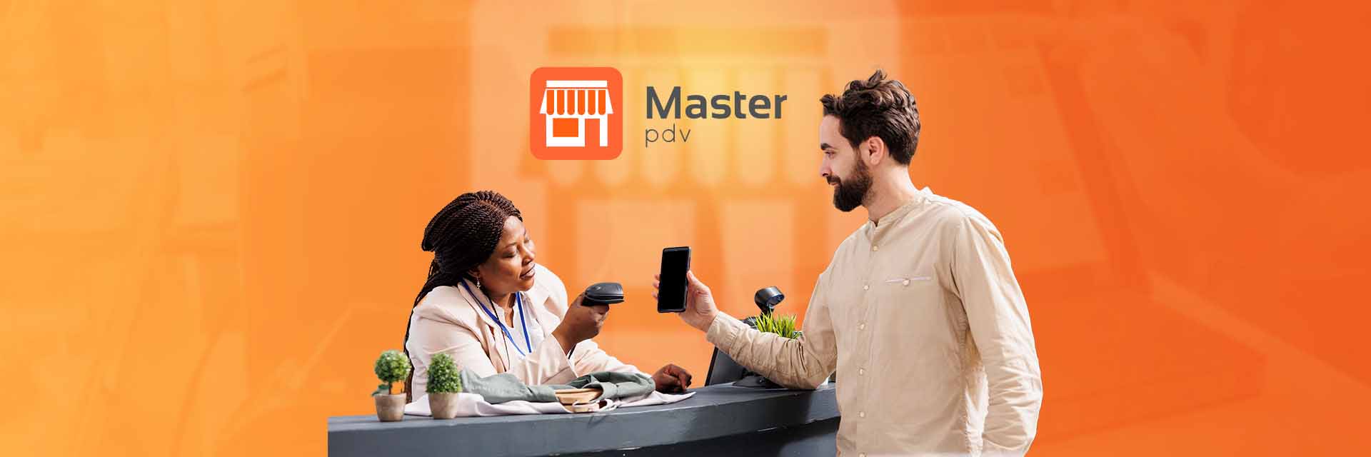 Atendente de caixa realizando pagamento de cliente via celular em um ponto de venda com leitor de código de barras, exibindo o logo 'Master pdv', representando a eficiência das soluções ERP para varejo físico e e-commerce da Alternativa Sistemas.