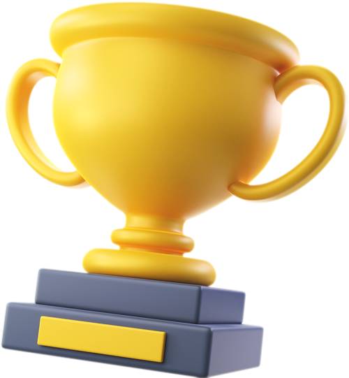 Troféu dourado em 3D com duas alças, sobre uma base cinza escalonada com placa dourada, simbolizando a excelência e o sucesso das soluções ERP da Alternativa Sistemas.